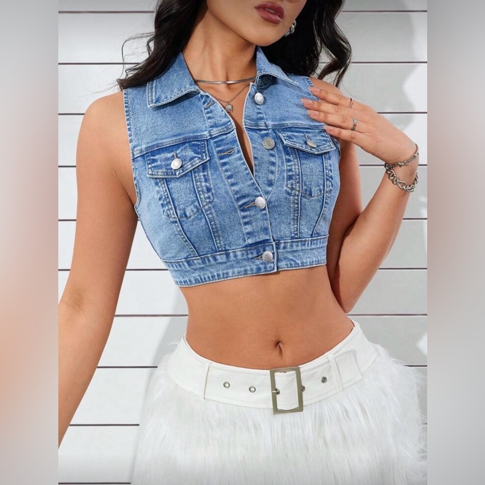 SHEIN ICON Stretchy Water Wash Short Denim Vest Size Extra Small